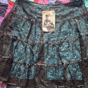 Betsey Johnson Black and Teal Lace Mini Skirt